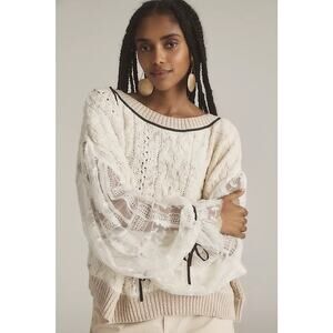 By Anthropologie M Lace Cable Knit Twofer Sweater Sheer Lace Balloon Sleeve